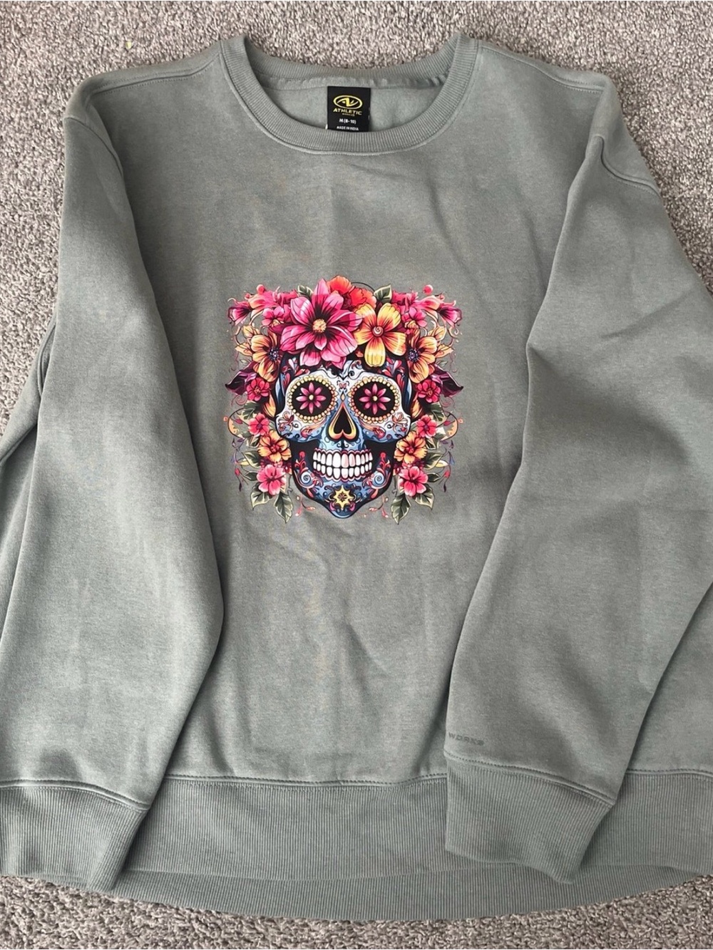 Athletic Works Sage Green Crewneck Sweatshirt with Colorful Floral Sugar Skull